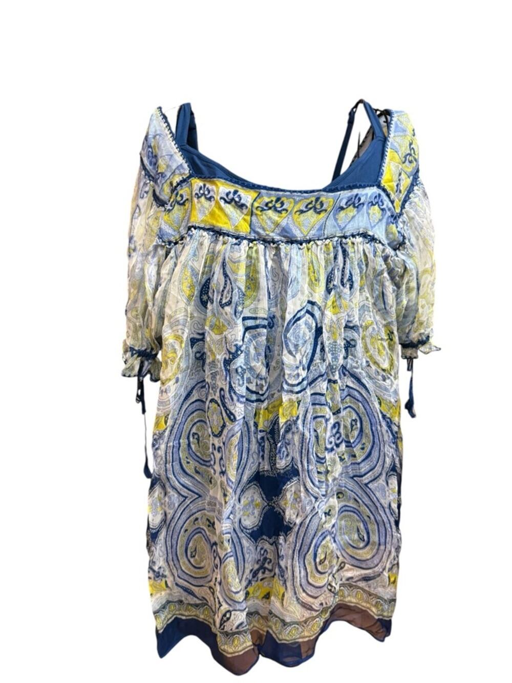 NWT ECI Woman Blue and Yellow Paisley Flowy Tunic 3X